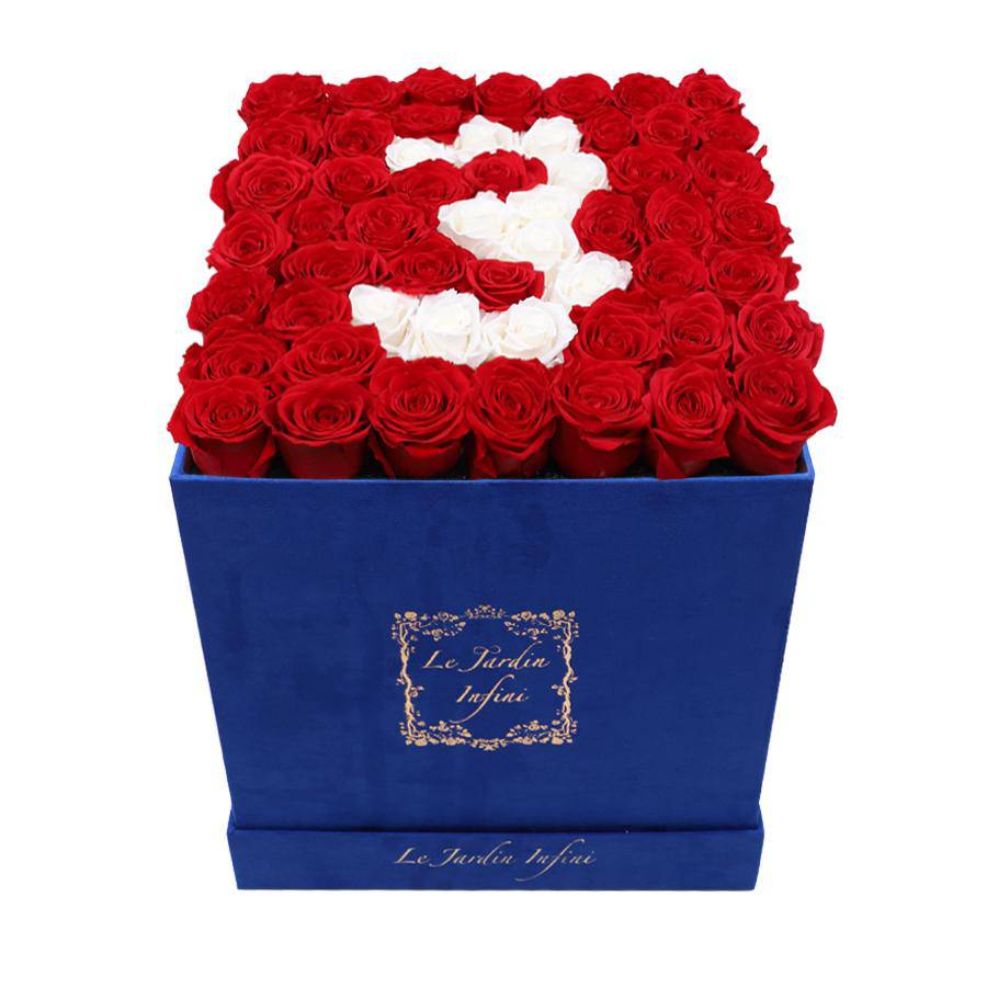 #3 Red & White Preserved Roses - Large Square Luxury Blue Suede Box - Le Jardin Infini Roses in a Box
