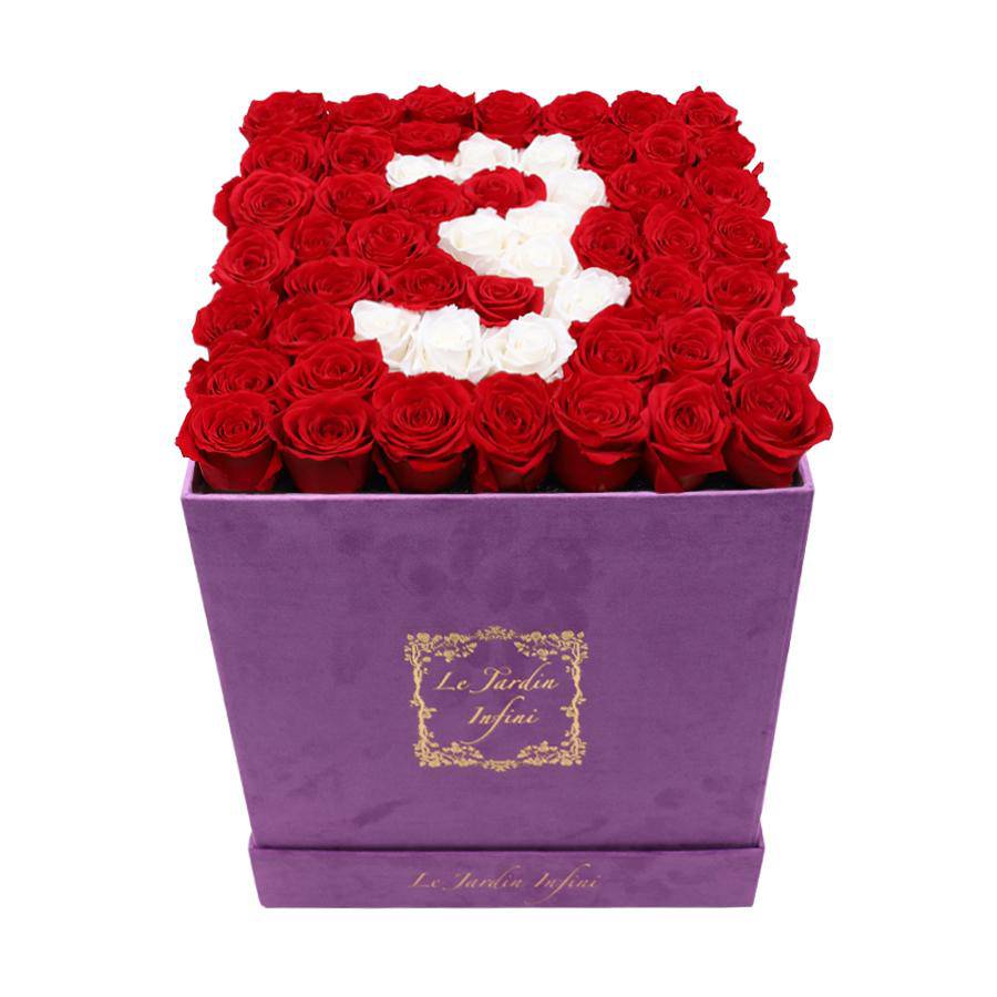 #3 Red & White Preserved Roses - Large Square Luxury Purple Suede Box