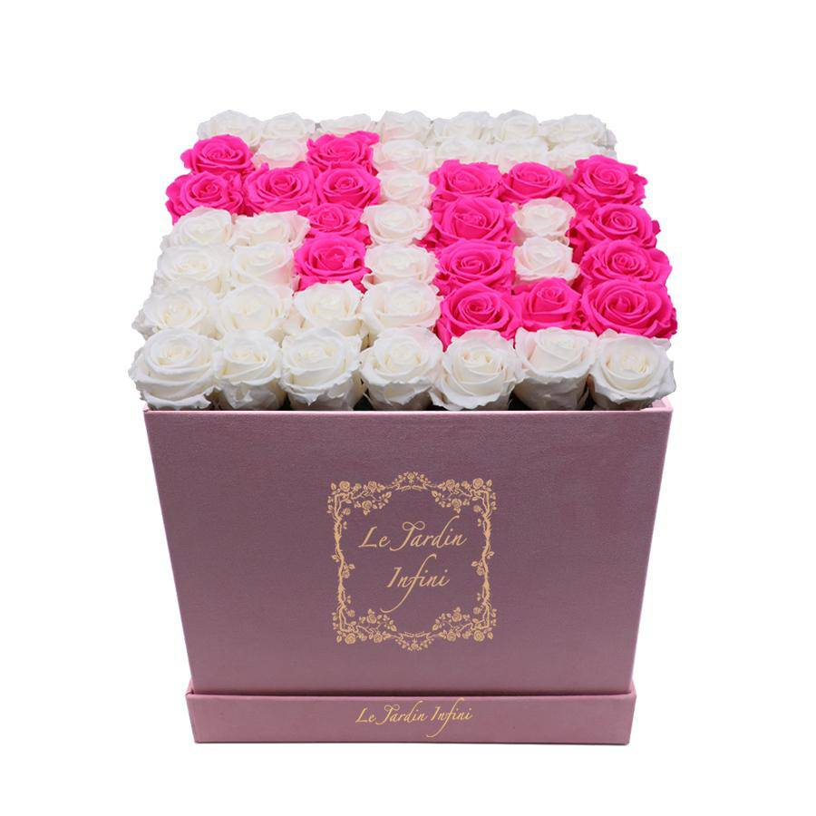 #40 Hot Pink & White Preserved Roses - Luxury Large Square Pink Suede Box