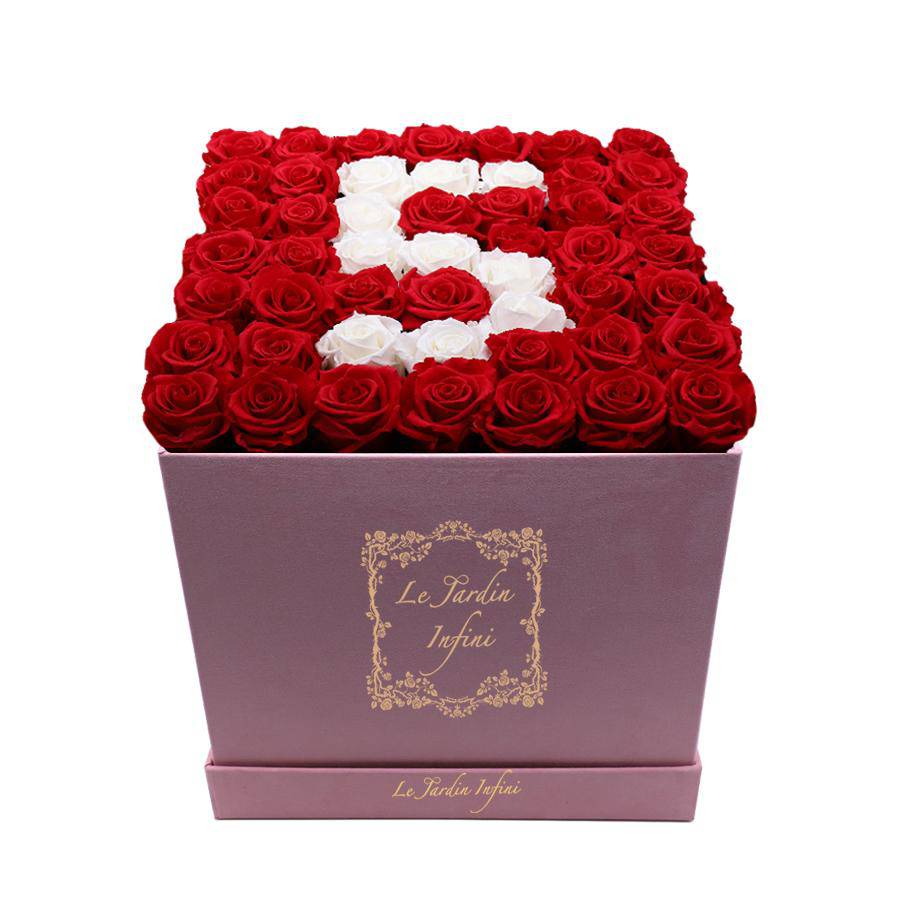 #5 Red & White Preserved Roses - Large Square Luxury Pink Suede Box - Le Jardin Infini Roses in a Box