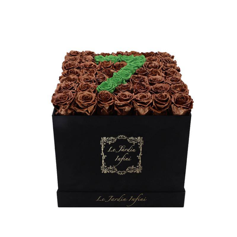 50 Roses Number 7 Copper & Green Tea Preserved Roses - Large Square Luxury Black Suede Box
