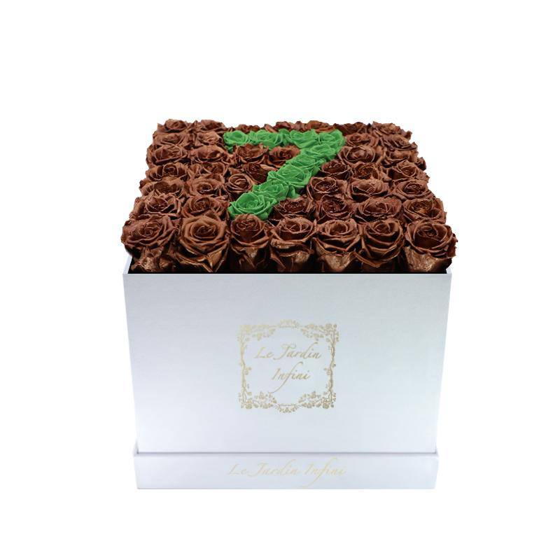 #7 Copper & Green Tea Preserved Roses - Large Square Luxury White Suede Box