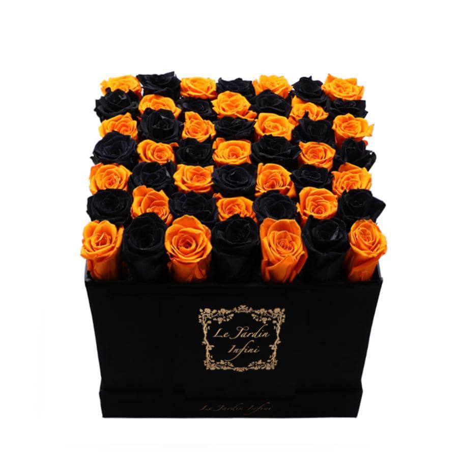 Black & Orange Checked Preserved Roses - Large Square Black Box - Le Jardin Infini Roses in a Box