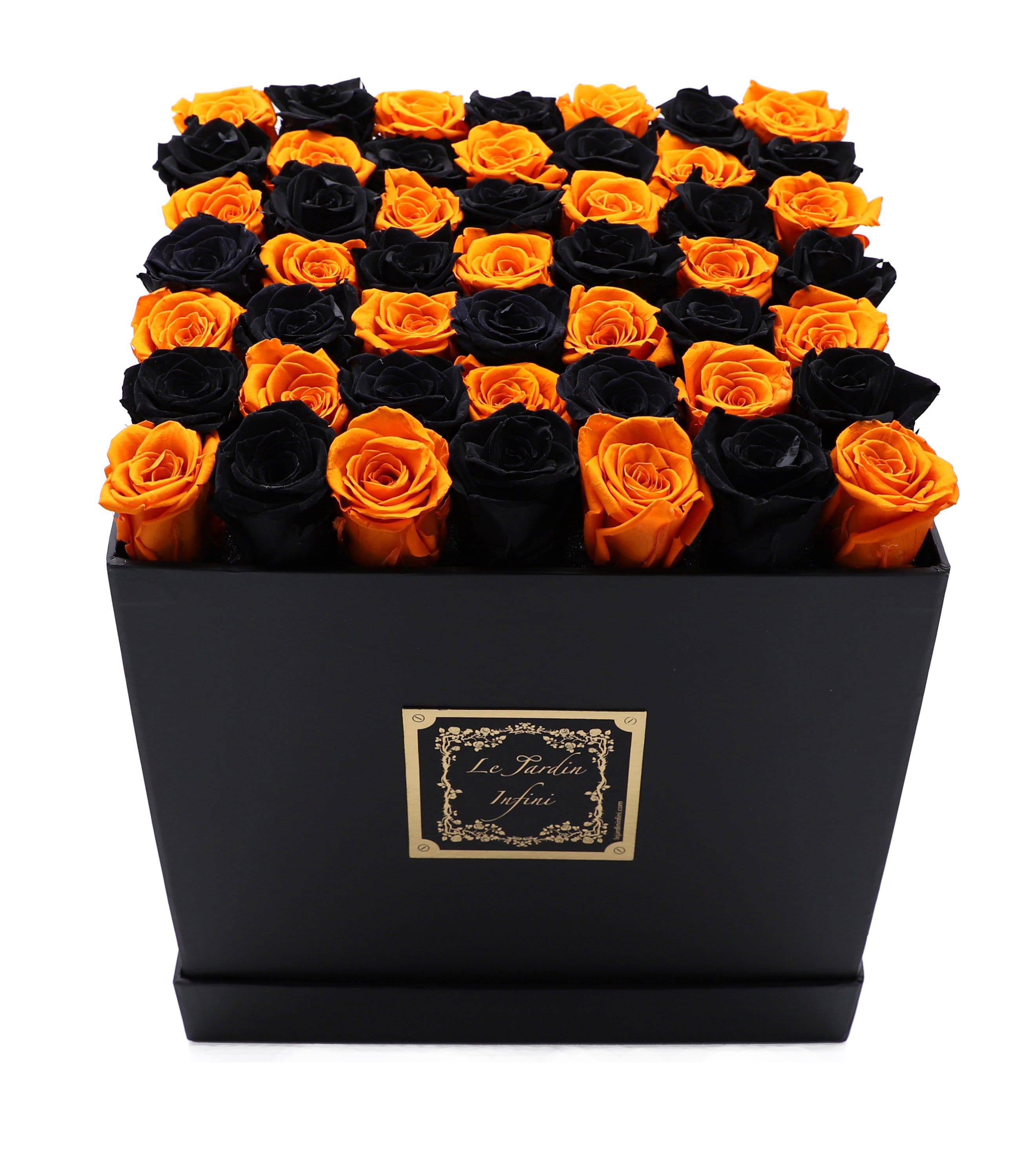Black & Orange Checked Preserved Roses - Large Square Black Box - Le Jardin Infini Roses in a Box