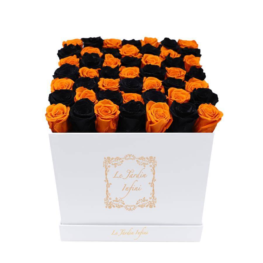Black & Orange Checked Preserved Roses - Large Square White Box - Le Jardin Infini Roses in a Box
