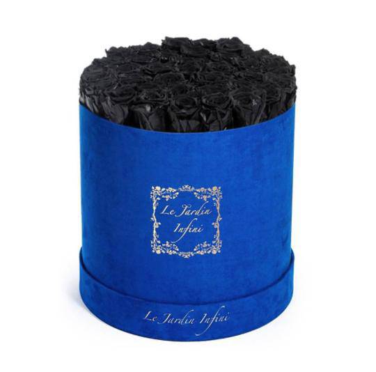 Black Preserved Roses - Large Round Luxury Blue Suede Box - Le Jardin Infini Roses in a Box