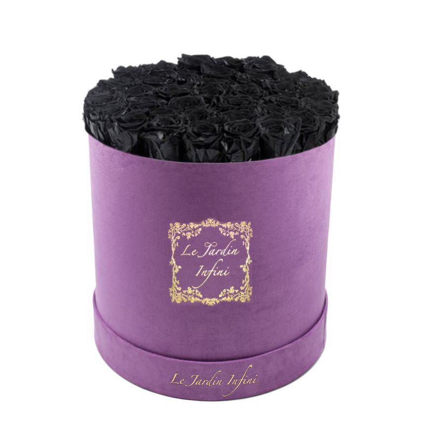 Black Preserved Roses - Large Round Luxury Purple Suede Box