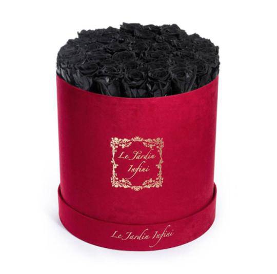 Black Preserved Roses - Large Round Luxury Red Suede Box - Le Jardin Infini Roses in a Box