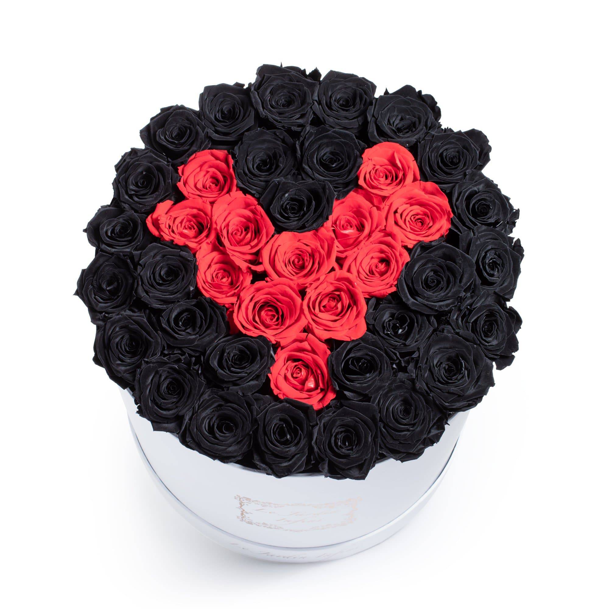 Black & Red Heart Preserved Roses - Large Round White Box - Le Jardin Infini Roses in a Box