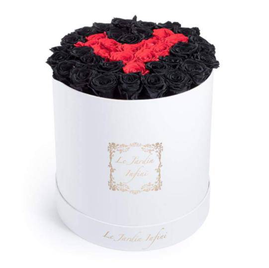 Black & Red Heart Preserved Roses - Large Round White Box