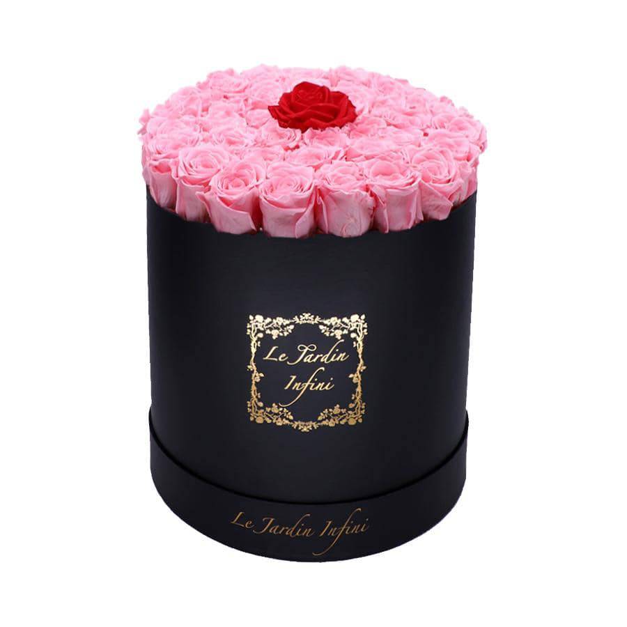 Dot Red & Soft Pink Preserved Roses - Large Round Black Box - Le Jardin Infini Roses in a Box