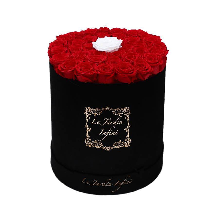 Dot White & Red Roses in a Box - Large Round Black Suede Box - Le Jardin Infini Roses in a Box