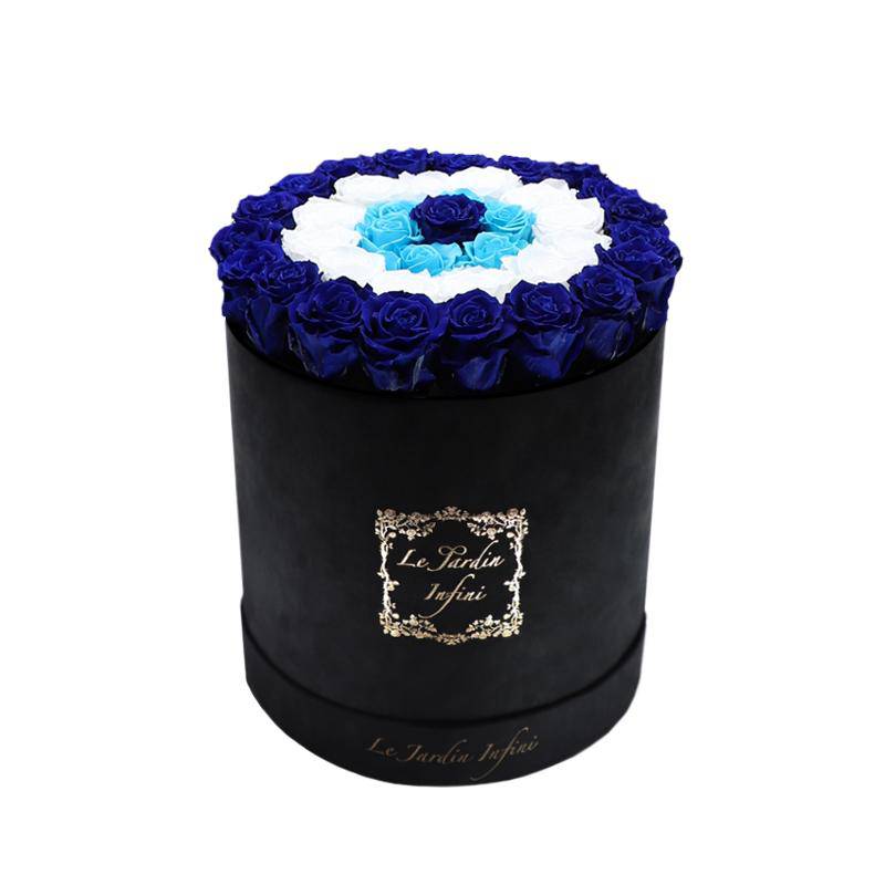 Evil Eye Royal Blue, Turquoise & White Preserved Roses - Large Round Luxury Black Suede Box