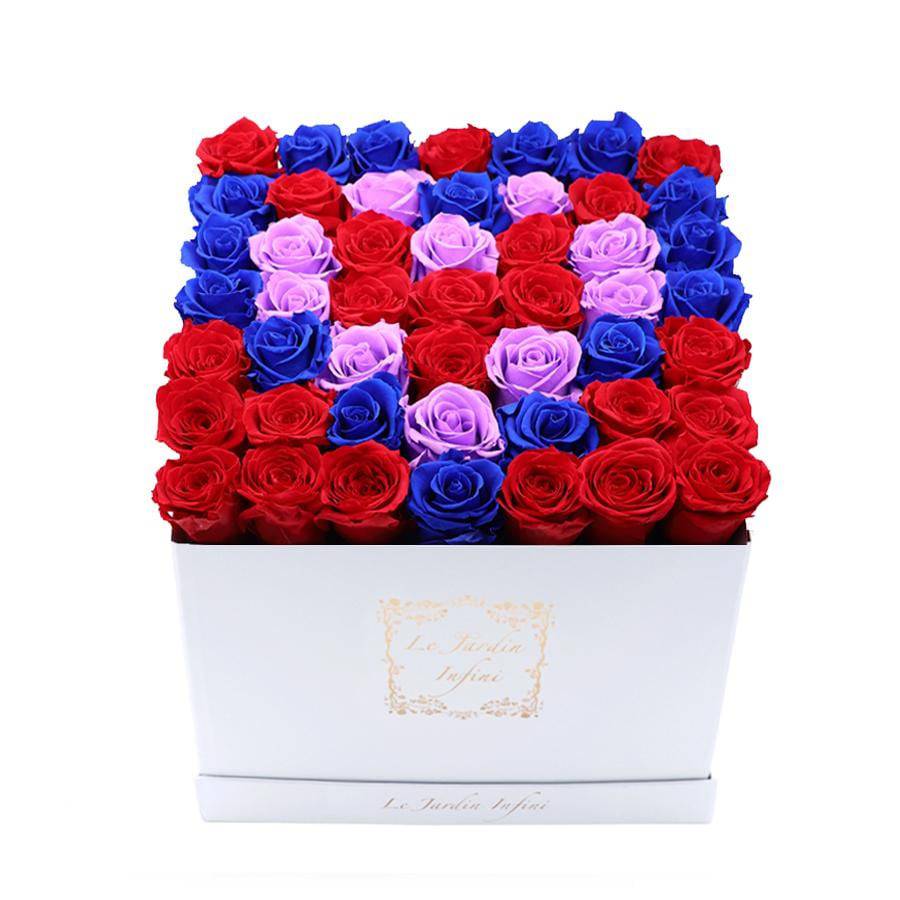 Flowers in a box for valentine's day 3 Hearts Design Red Royal Blue & Lilac - Large Square White Box - Le Jardin Infini Roses in a Box