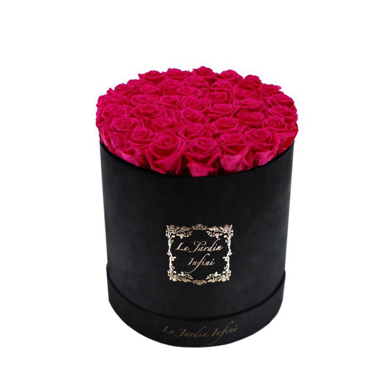 Fuchsia Preserved Roses - Large Round Luxury Black Suede Box