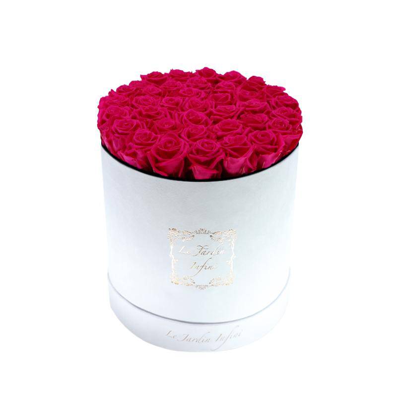 Fuchsia Preserved Roses - Large Round Luxury White Suede Box