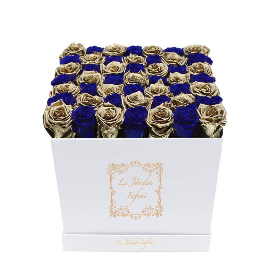 Gold & Royal Blue Checker Preserved Roses - Large Square White Box