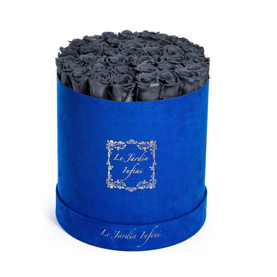 Grey Preserved Roses - Large Round Luxury Blue Suede Box - Le Jardin Infini Roses in a Box