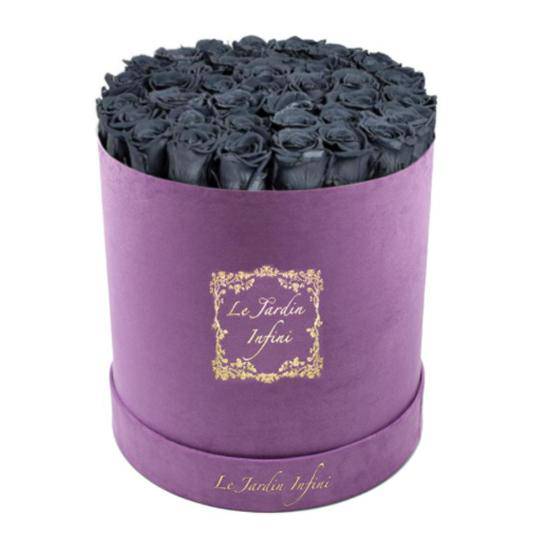 Grey Preserved Roses - Large Round Luxury Purple Suede Box