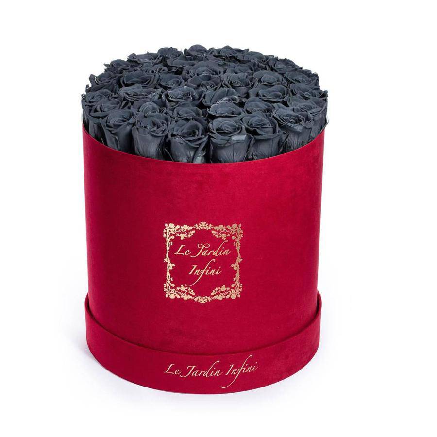 Grey Preserved Roses - Large Round Luxury Red Suede Box - Le Jardin Infini Roses in a Box