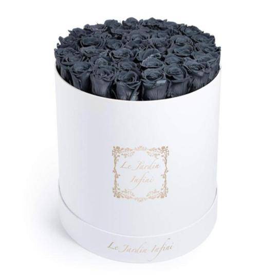 Grey Preserved Roses - Large Round Luxury White Box - Le Jardin Infini Roses in a Box