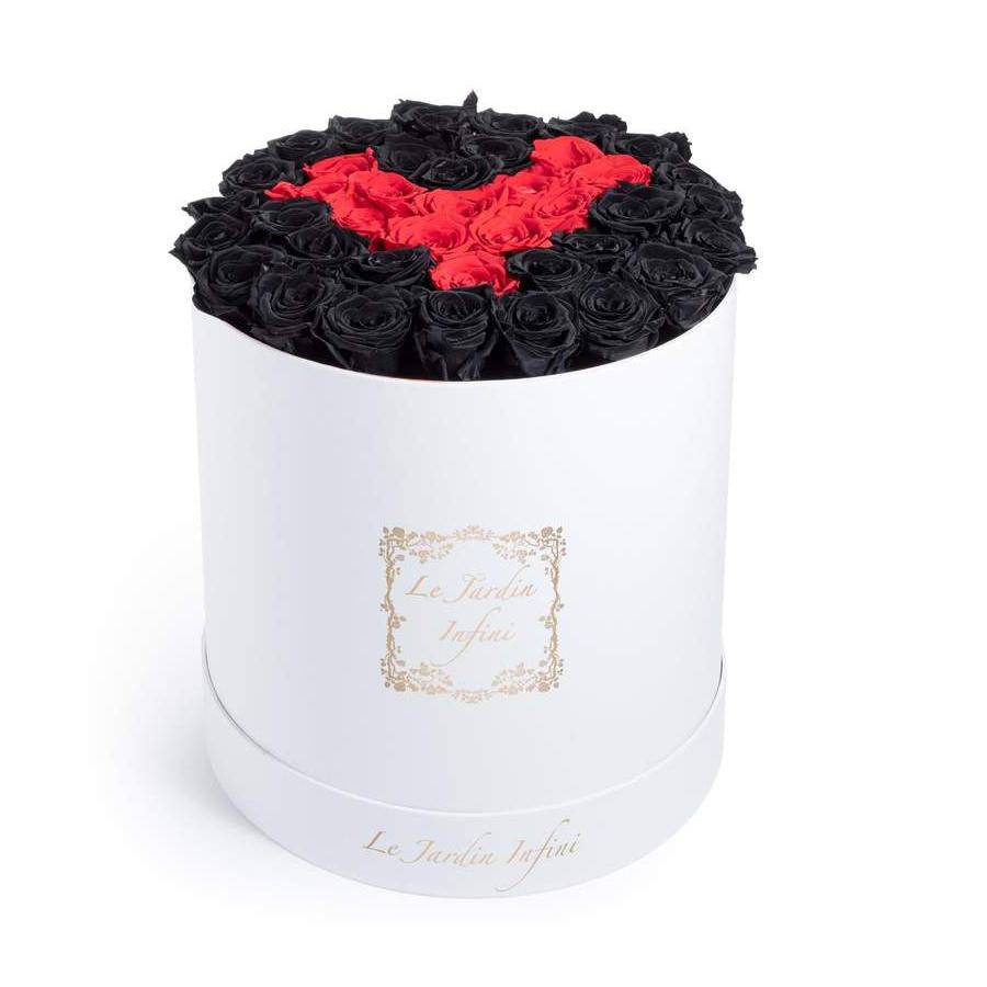Heart Black & Red Preserved Roses - Large Round Luxury White Box - Le Jardin Infini Roses in a Box