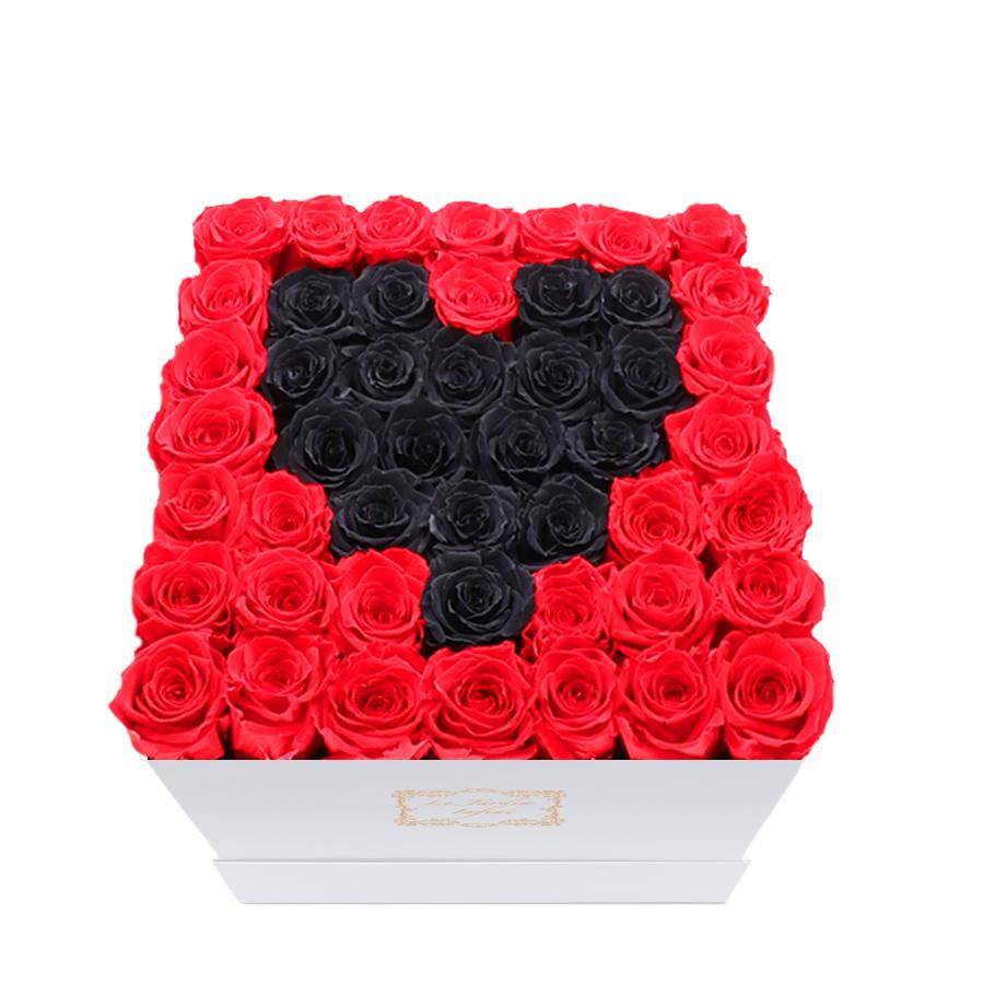 Heart Design Black & Red Preserved Roses - Large Square Luxury White Box - Le Jardin Infini Roses in a Box