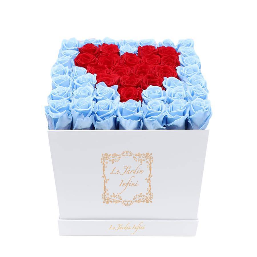 Heart Design Red & Baby Blue Preserved Roses - Large Square Luxury White Box