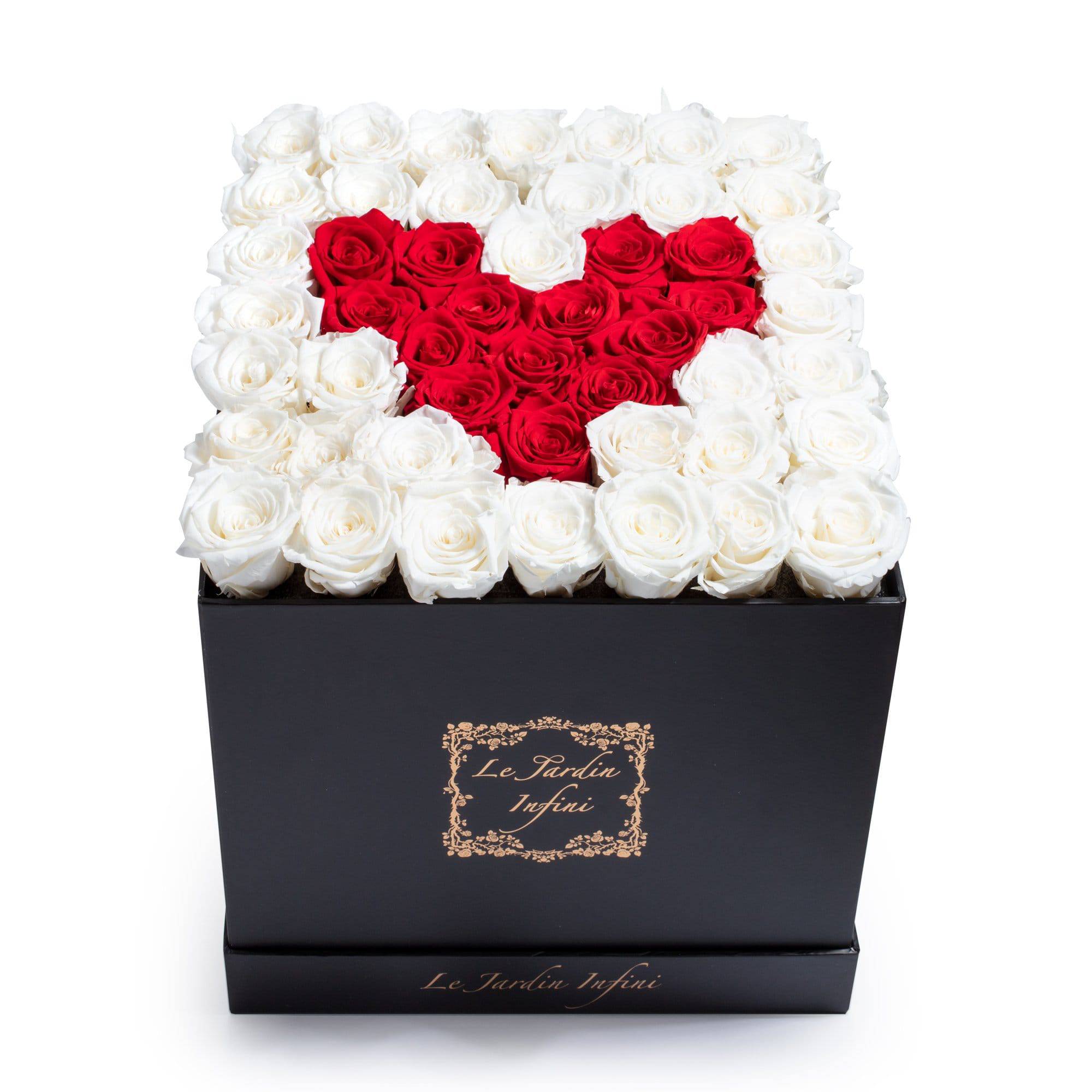 Heart Design Red & White Preserved Roses - Large Square Luxury Black Box - Le Jardin Infini Roses in a Box