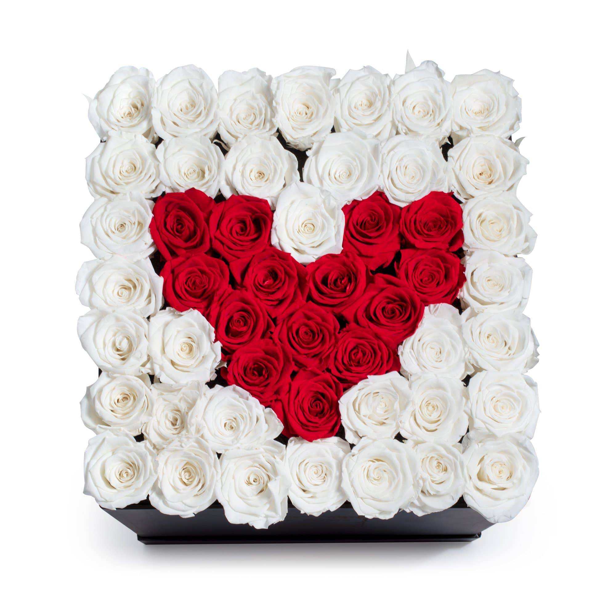 Heart Design Red & White Preserved Roses - Large Square Luxury Black Box - Le Jardin Infini Roses in a Box