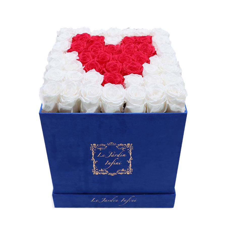 Heart Design Red & White Preserved Roses - Large Square Luxury Blue Suede Box