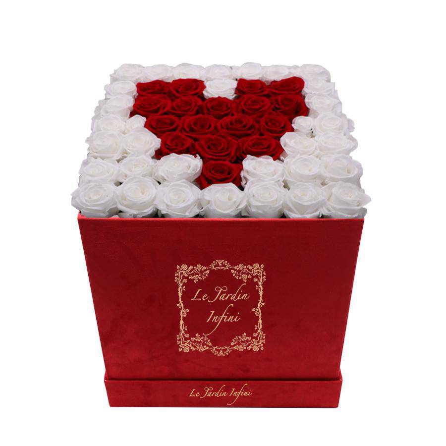 Heart Design Red & White Preserved Roses - Large Square Luxury Red Suede Box