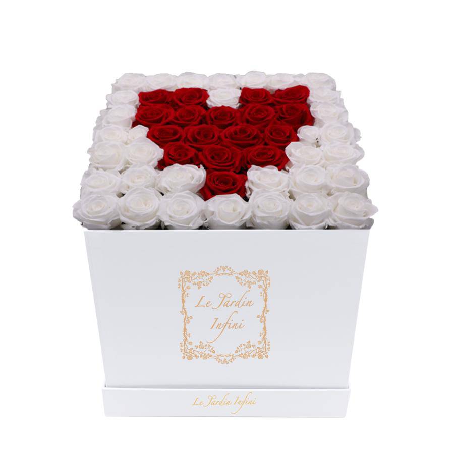 Heart Design Red & White Preserved Roses - Large Square Luxury White Box