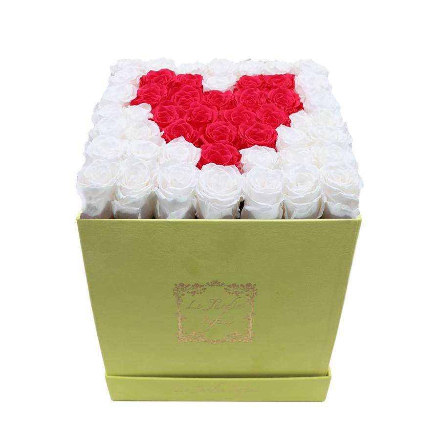 Heart Design Red & White Preserved Roses - Large Square Luxury Yellow Suede Box
