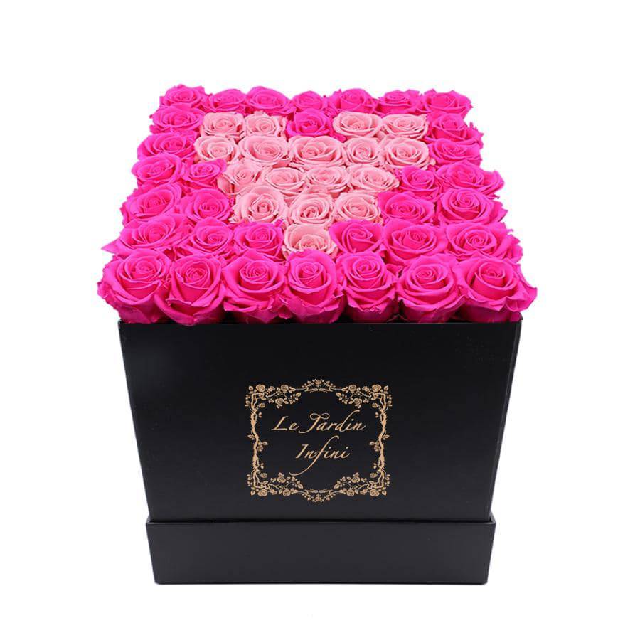 Heart Design Soft Pink & Hot Pink Preserved Roses - Large Square Luxury Black Box
