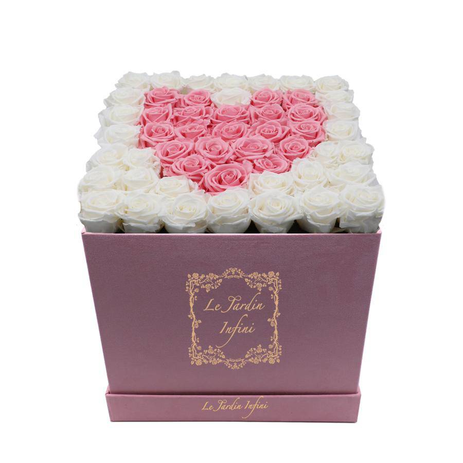 Heart Design White & Pink Preserved Roses - Large Square Luxury Pink Suede Box - Le Jardin Infini Roses in a Box