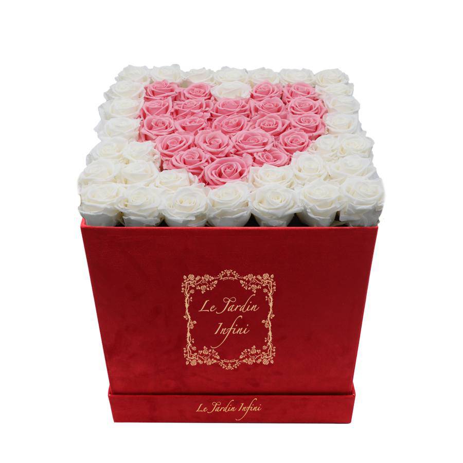 Heart Design White & Pink Preserved Roses - Large Square Luxury Red Suede Box