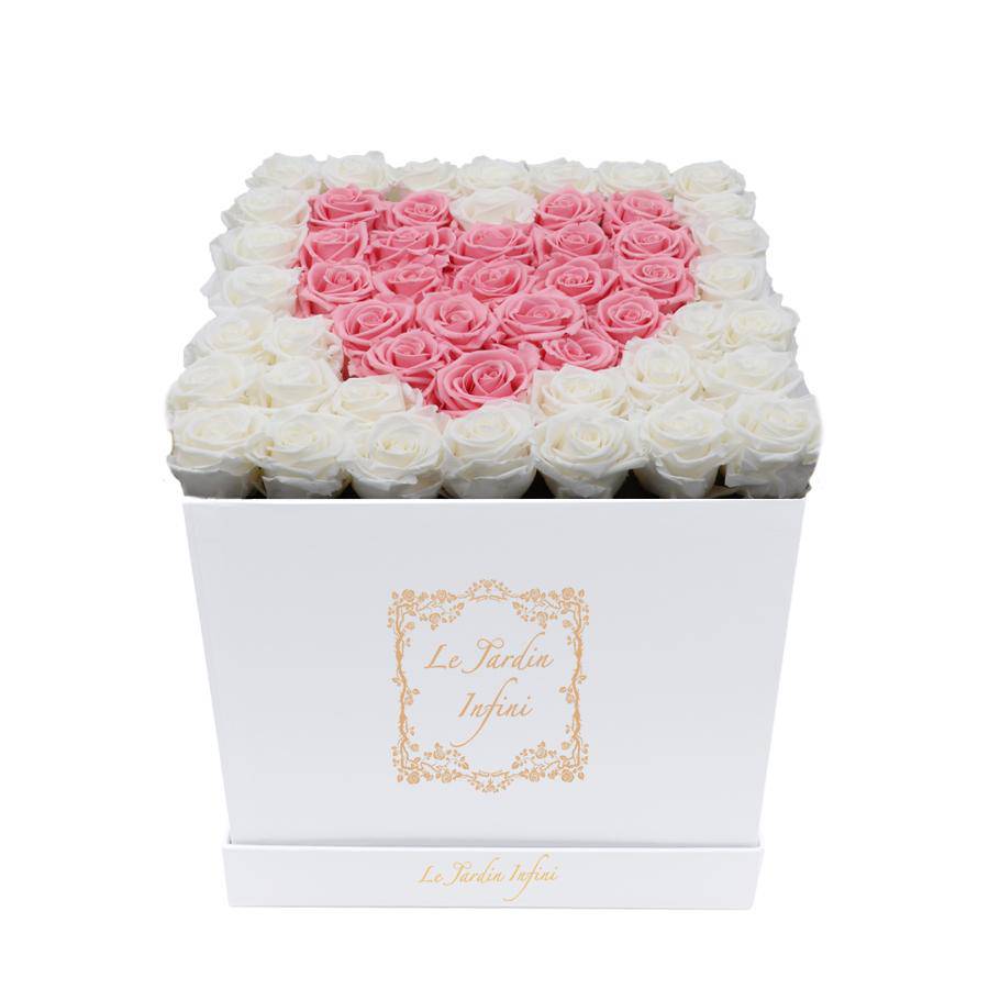 Heart Design White & Pink Preserved Roses - Large Square Luxury White Box