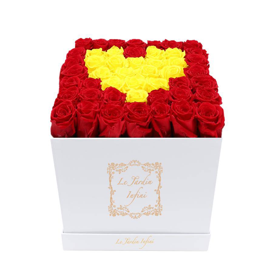 Heart Design Yellow & Red Preserved Roses - Large Square Luxury White Box
