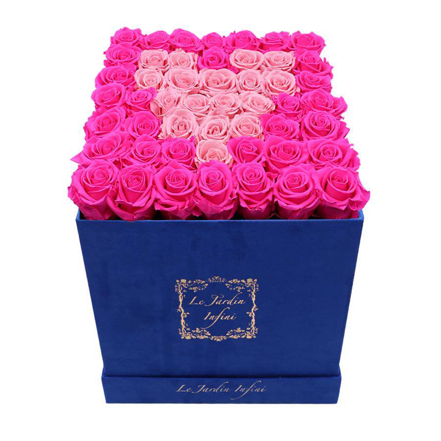 Heart Soft Pink & Hot Pink Preserved Roses - Large Square Luxury Blue Suede Box