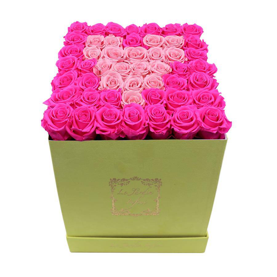 Heart Soft Pink & Hot Pink Preserved Roses - Large Square Luxury Yellow Suede Box