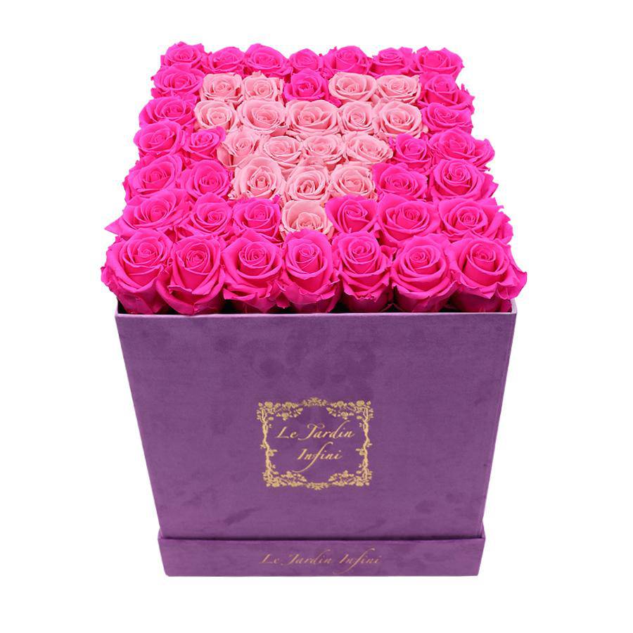 Heart Soft Pink & Hot Pink Preserved Roses - Large Square Purple Suede Box