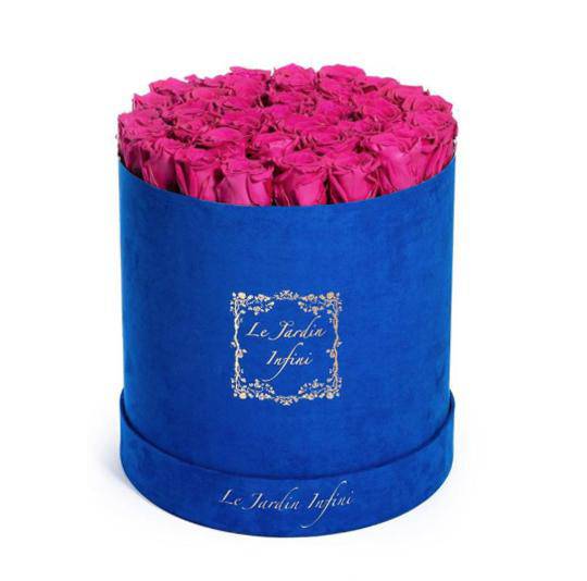 Hot Pink Preserved Roses - Large Round Luxury Blue Suede Box - Le Jardin Infini Roses in a Box