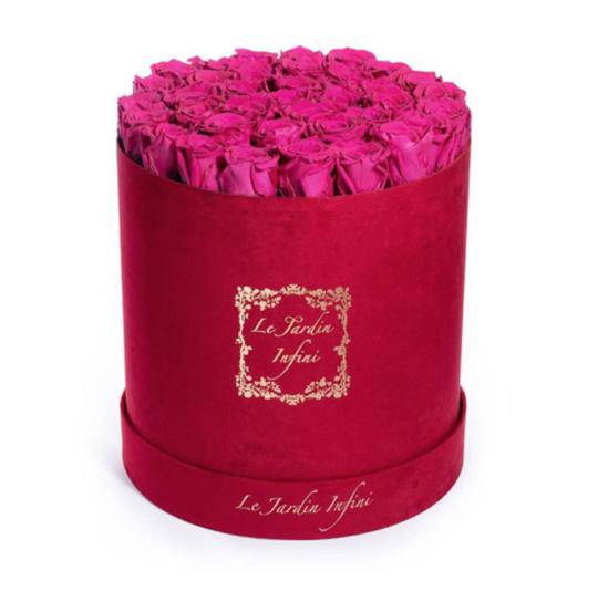 Hot Pink Preserved Roses - Large Round Luxury Red Suede Box - Le Jardin Infini Roses in a Box