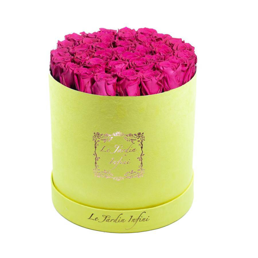 Hot Pink Preserved Roses - Large Round Luxury Yellow Suede Box - Le Jardin Infini Roses in a Box