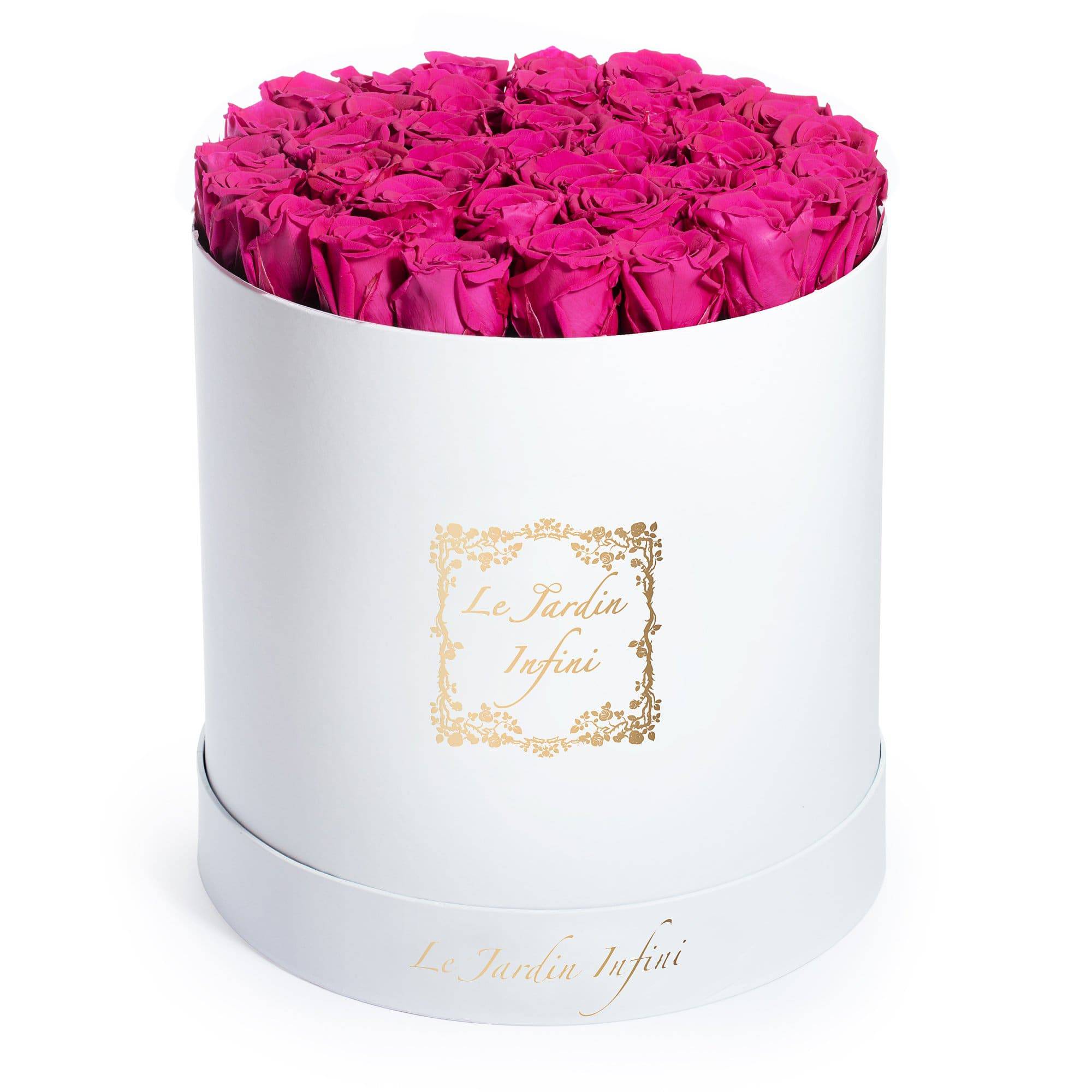 Hot Pink Preserved Roses - Large Round White Box