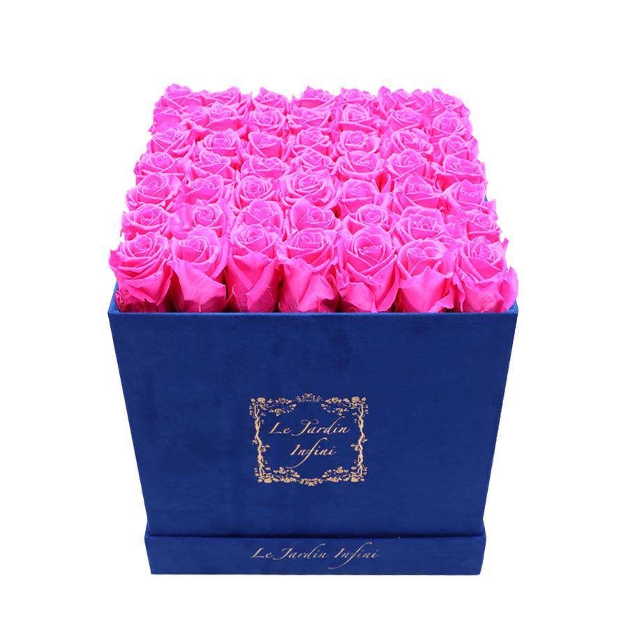 Hot Pink Preserved Roses - Large Square Luxury Blue Suede Box - Le Jardin Infini Roses in a Box
