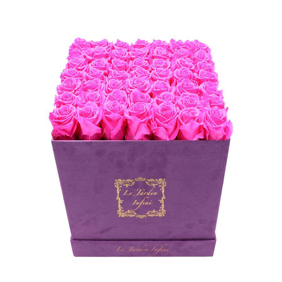 Hot Pink Preserved Roses - Large Square Luxury Purple Suede Box - Le Jardin Infini Roses in a Box