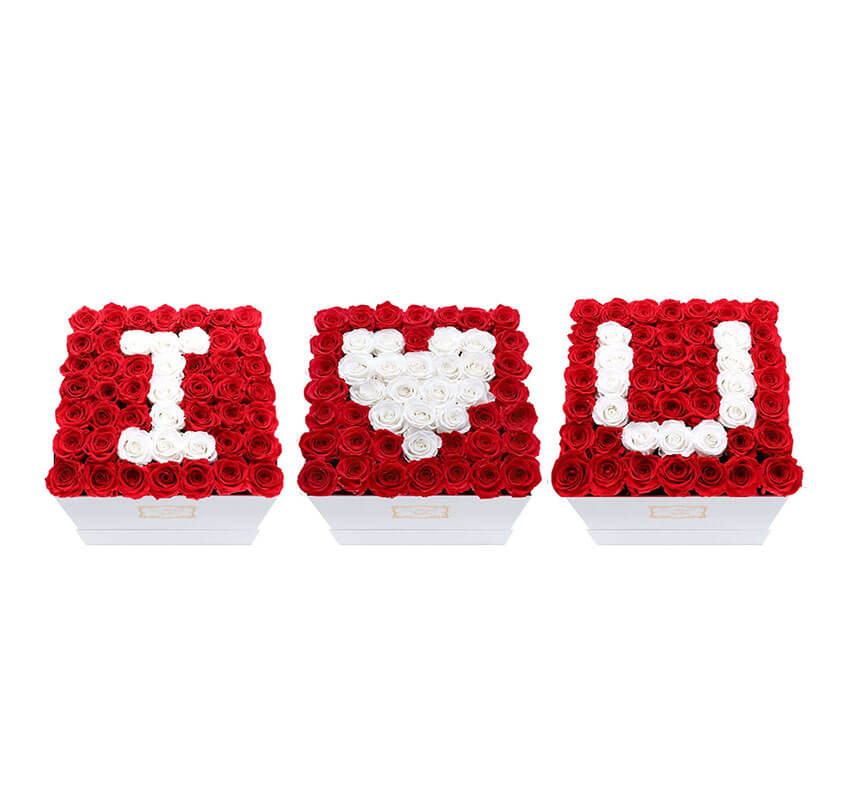 3 Boxes 150 Roses I Love U Set White & Red Preserved Roses - Large Square Luxury White Box