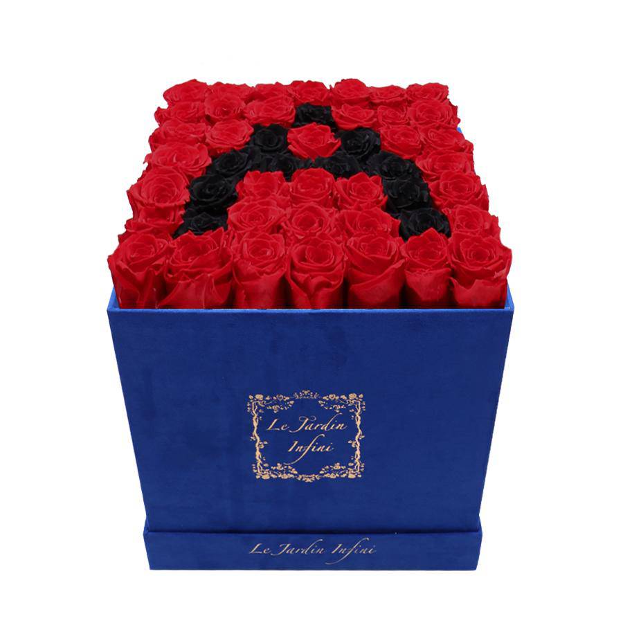 Letter A Black & Red Preserved Roses - Large Square Luxury Blue Suede Box